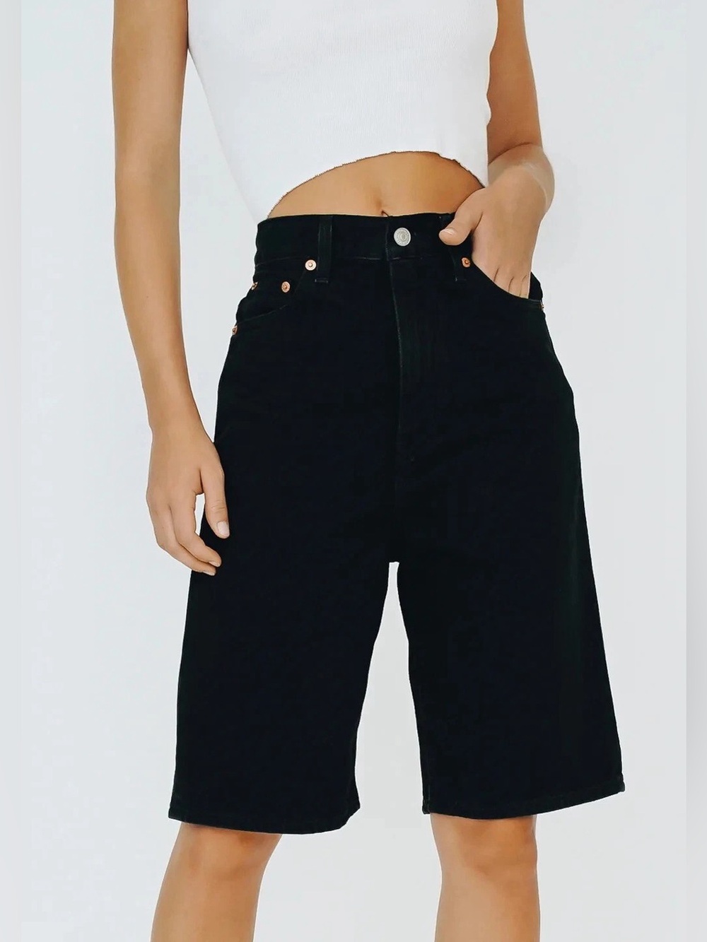 Levi’s Premium High Loose Black Denim Bermuda Shorts 26 NWT